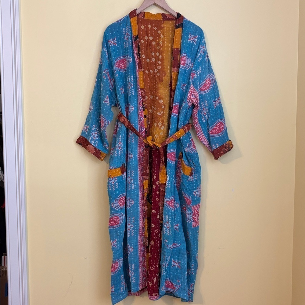 Handmade India Kantha Stitch Cotton Floral Contrast Tie Pockets Duster Cardigan - Picture 3 of 17